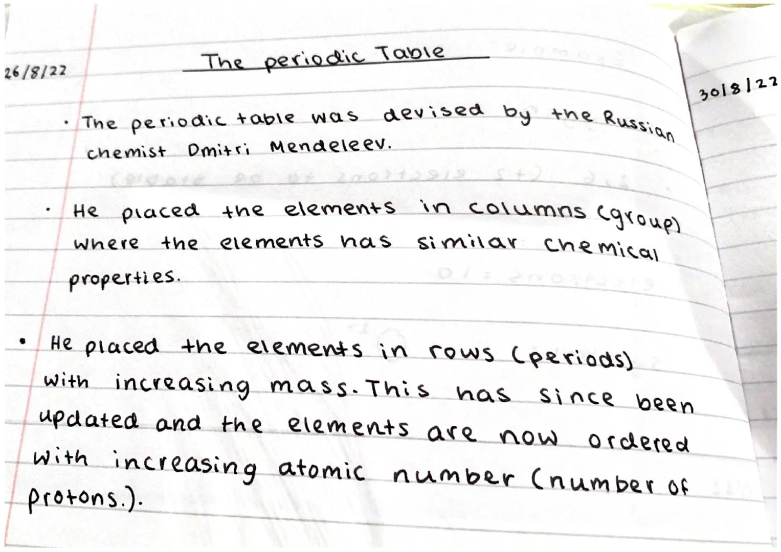26/8/22
●
·
The periodic Table
devised by the Russian
The periodic table was
chemist Dmitri Mendeleev.
properties.
He placed the elements in