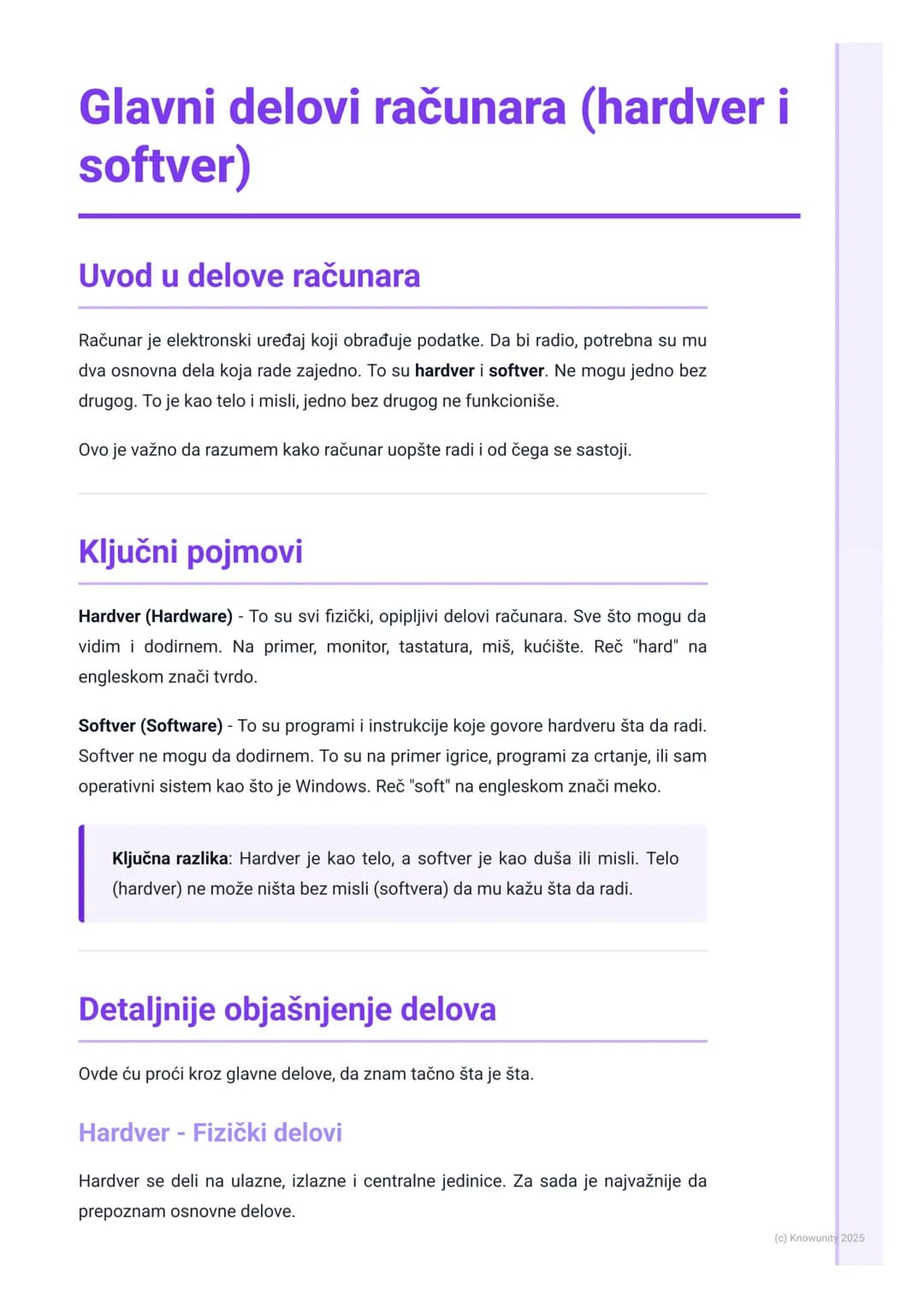 # Glavni delovi računara (hardver i
softver)

Uvod u delove računara

Računar je elektronski uređaj koji obrađuje podatke. Da bi radio, potr