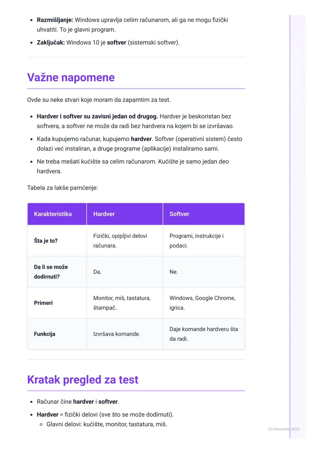 # Glavni delovi računara (hardver i
softver)

Uvod u delove računara

Računar je elektronski uređaj koji obrađuje podatke. Da bi radio, potr