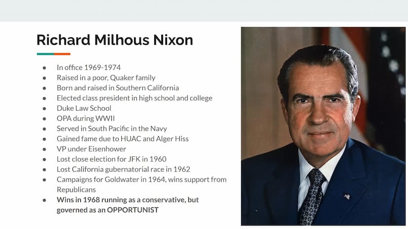 The 1970s Nixon and Watergate Richard Milhous Nixon
In office 1969-1974
Raised in a poor, Quaker family
Born and raised in Southern Californ