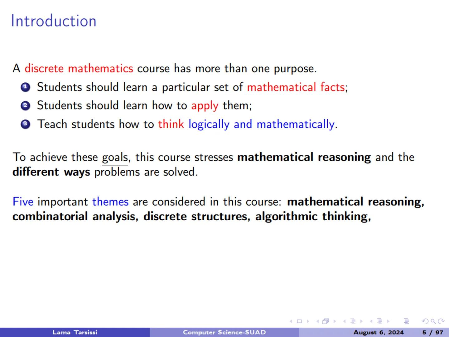# 1.1-Introduction to Logic # Introduction

A discrete mathematics course has more than one purpose. Introduction
A discrete mathematics cou