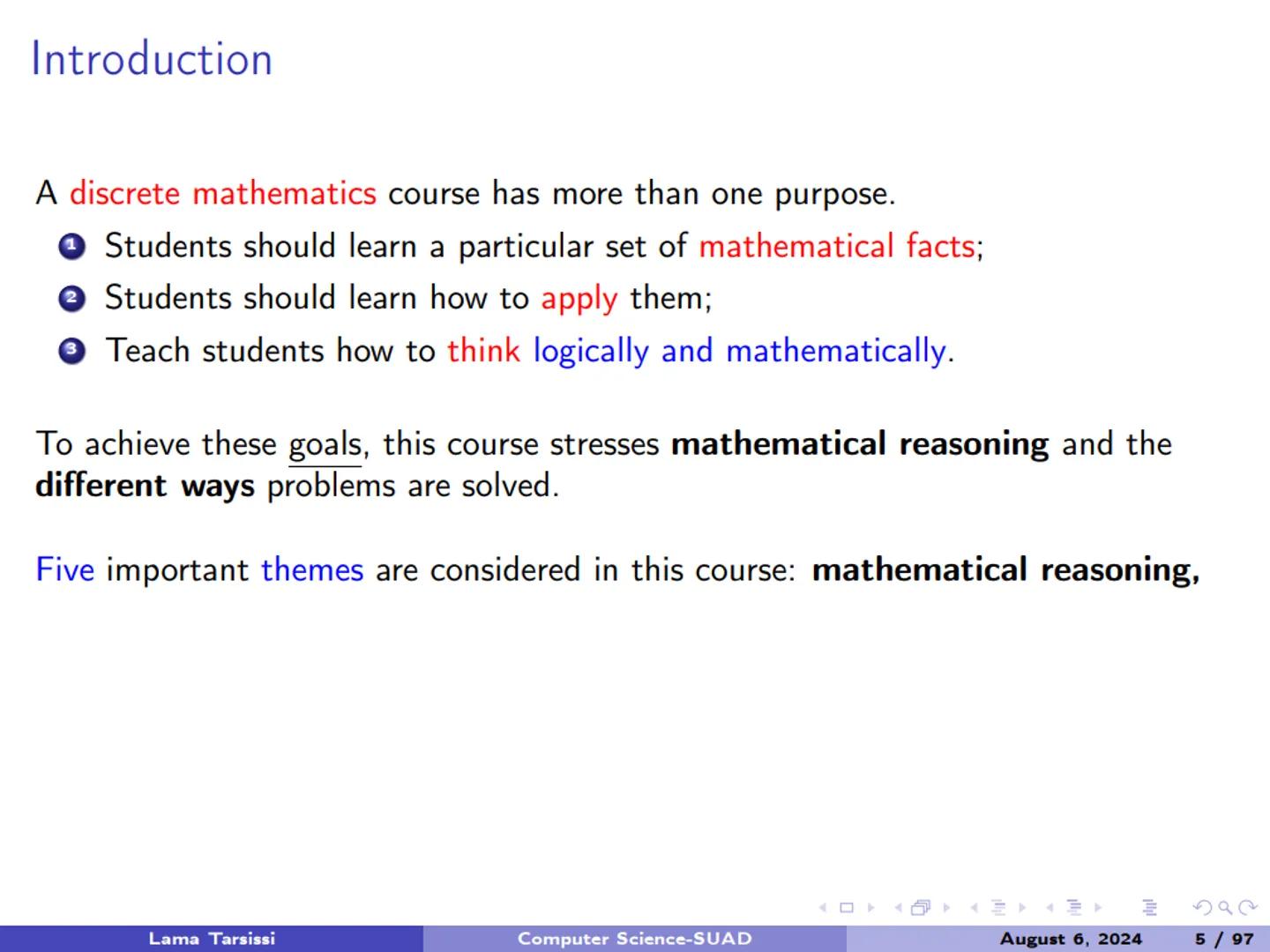 # 1.1-Introduction to Logic # Introduction

A discrete mathematics course has more than one purpose. Introduction
A discrete mathematics cou