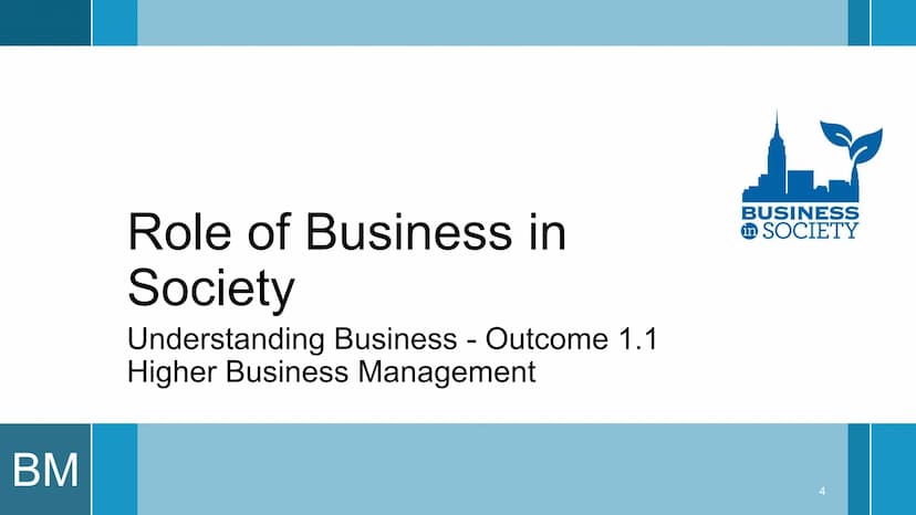 BM
Understanding Business -
Outcome 1
Higher Business Management BM
Topics Covered
These slides will cover:
The role of Business in Society
