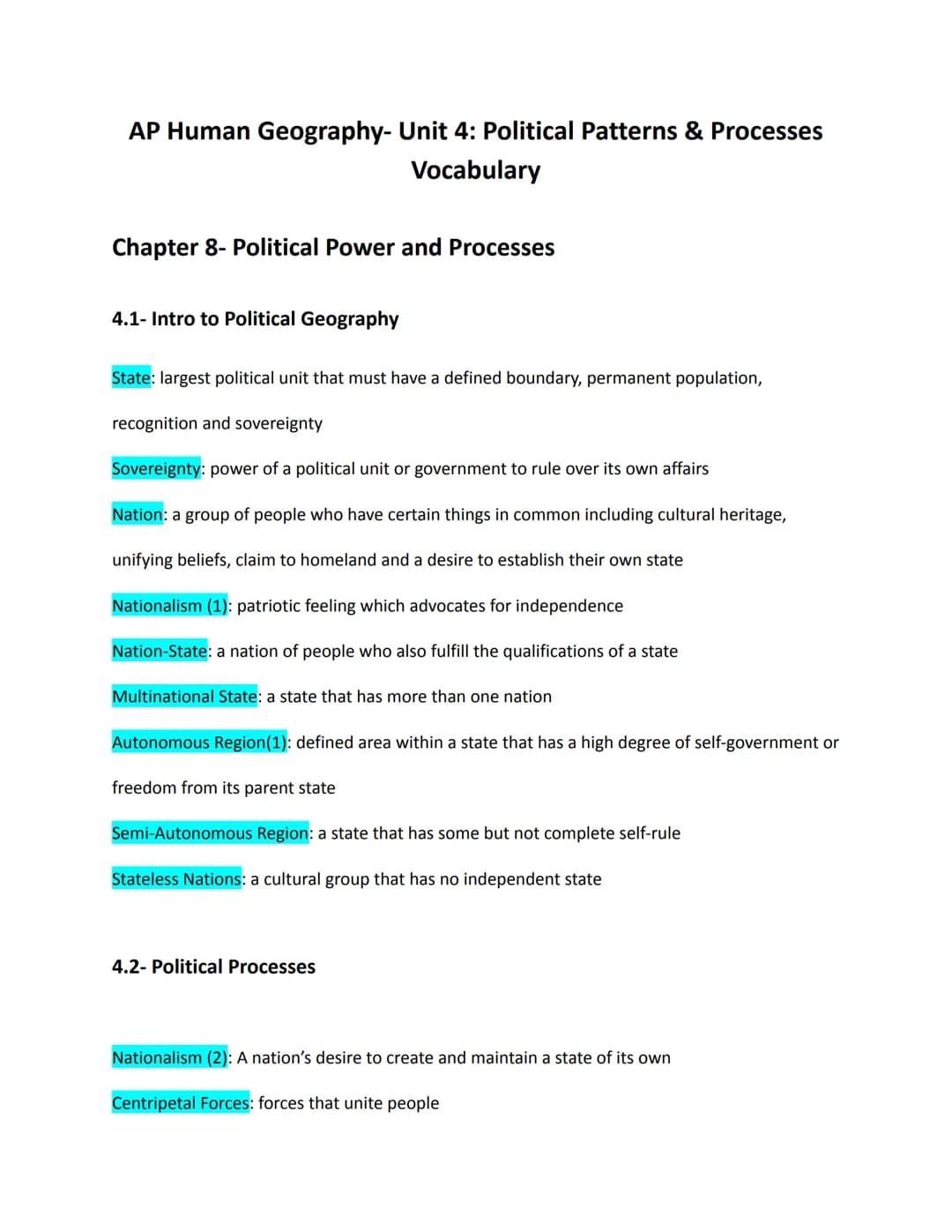 AP Human Geography- Unit 4: Political Patterns & Processes
Vocabulary
Chapter 8- Political Power and Processes
4.1- Intro to Political Geogr