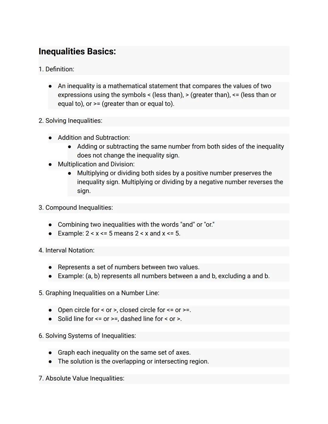 Inequalities Basics:
1. Definition:
• An inequality is a mathematical statement that compares the values of two
expressions using the symbol