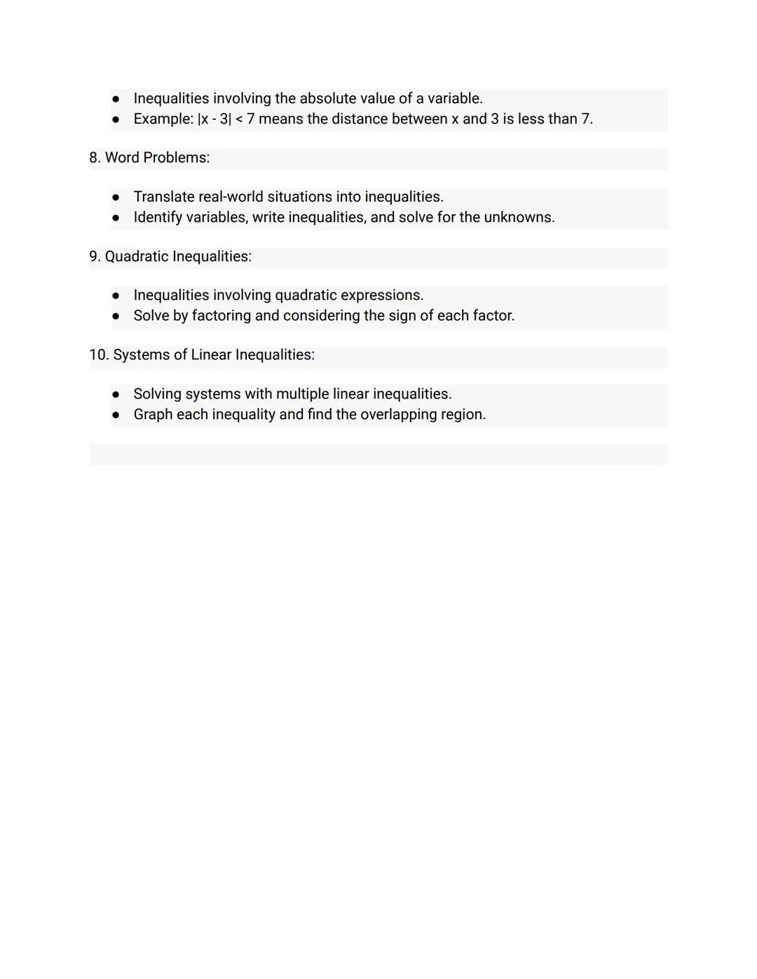 Inequalities Basics:
1. Definition:
• An inequality is a mathematical statement that compares the values of two
expressions using the symbol