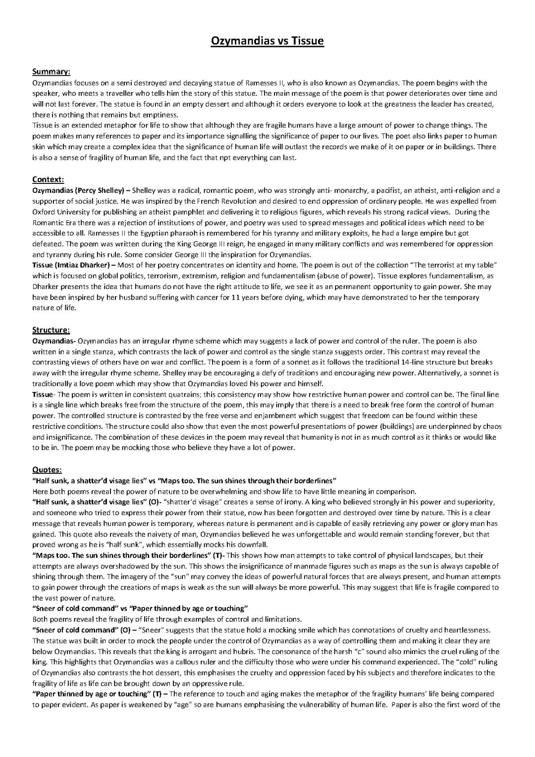 Ozymandias and Tissue Poem Comparison & Analysis PDF