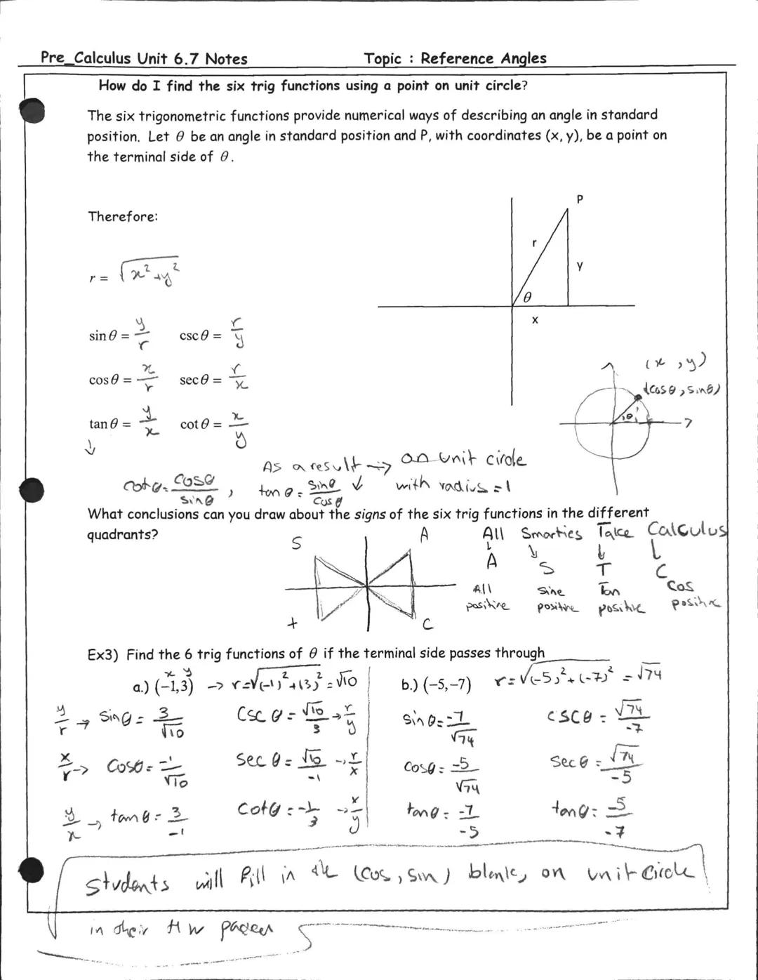 Pre_Calculus Unit 6.7 Notes
Topic: Reference Angles
Essential Question: How do I find a reference angle of an angle in any quadrant?
Summary