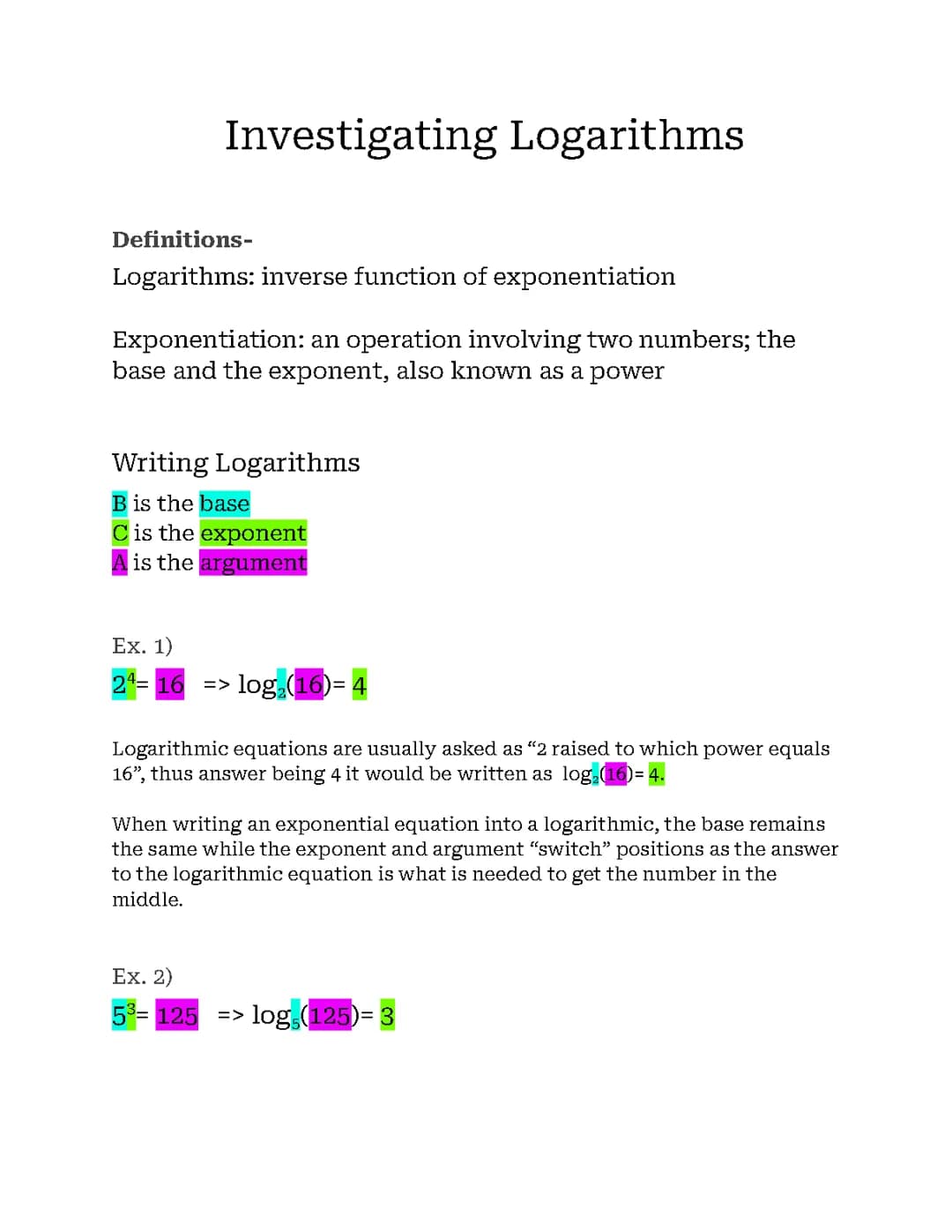 Investigating Logarithms 