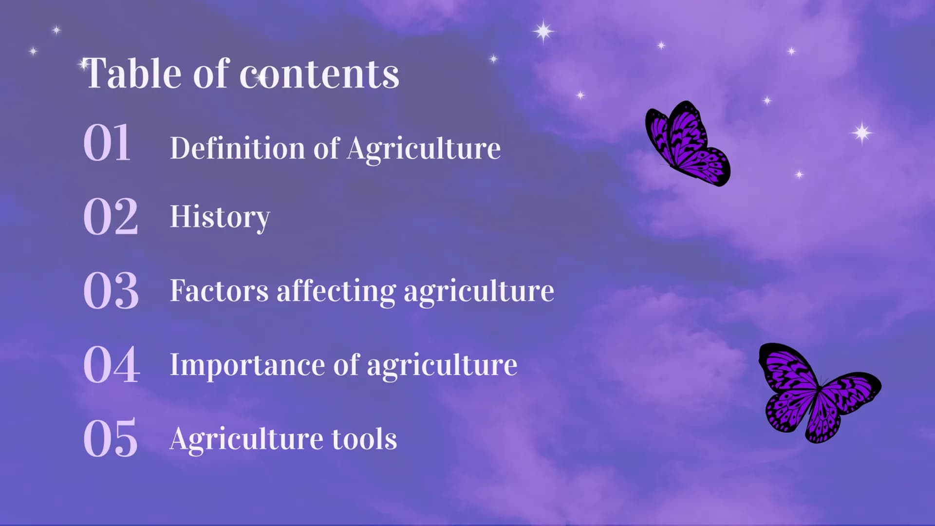 Agriculture Table of contents
01 Definition of Agriculture
02 History
03 Factors affecting agriculture
04 Importance of agriculture
05 Agric