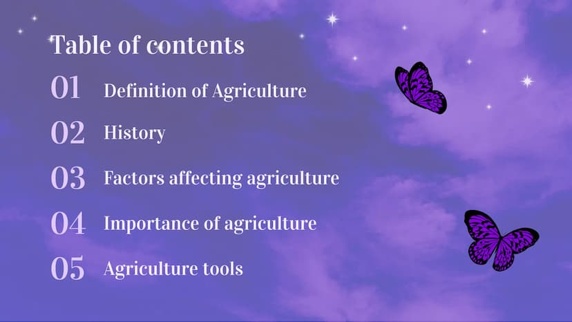 Agriculture Table of contents
01 Definition of Agriculture
02 History
03 Factors affecting agriculture
04 Importance of agriculture
05 Agric
