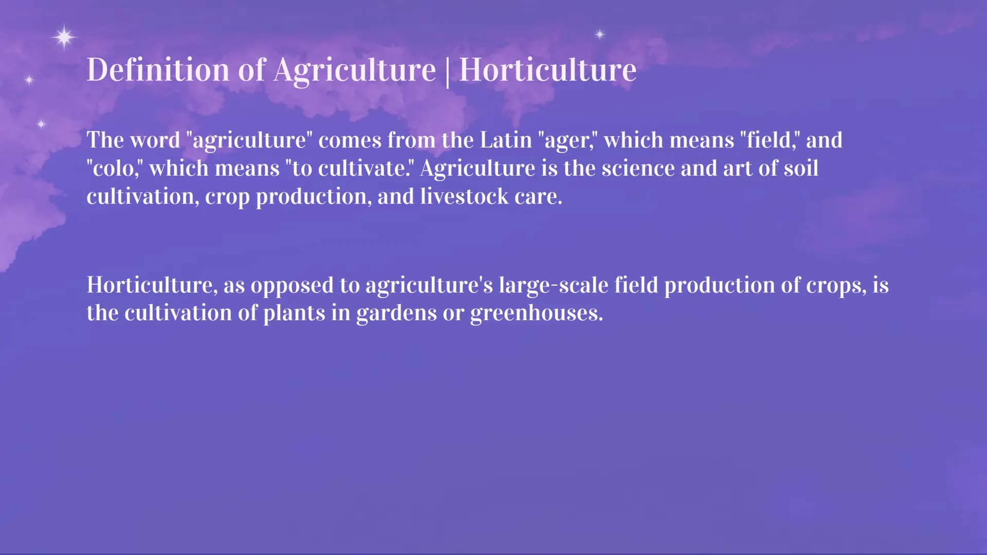 Agriculture Table of contents
01 Definition of Agriculture
02 History
03 Factors affecting agriculture
04 Importance of agriculture
05 Agric