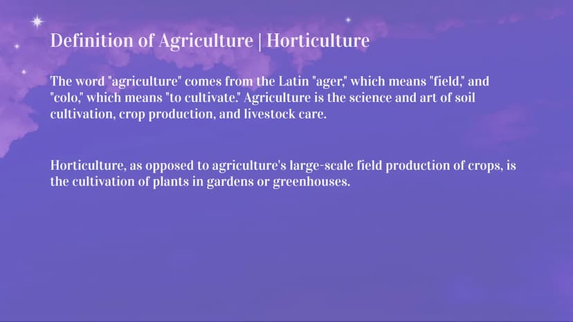 Agriculture Table of contents
01 Definition of Agriculture
02 History
03 Factors affecting agriculture
04 Importance of agriculture
05 Agric
