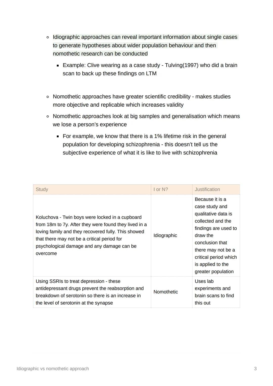 68
Idiographic vs nomothetic
approach
●
Idiographic - approach to research that focuses on the individual case to
understand behaviour
• nom