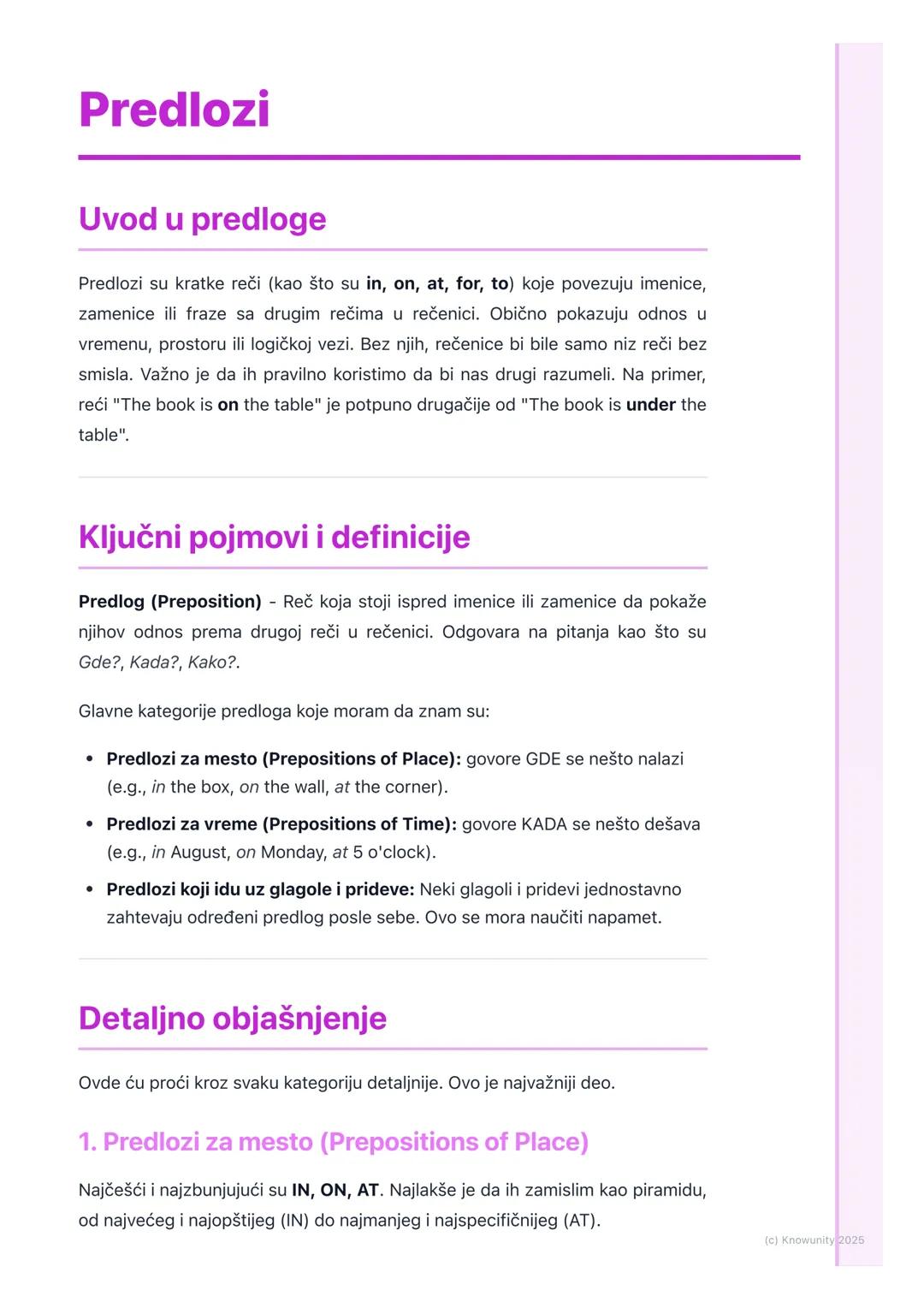 # Predlozi

Uvod u predloge

Predlozi su kratke reči (kao što su in, on, at, for, to) koje povezuju imenice,
zamenice ili fraze sa drugim re