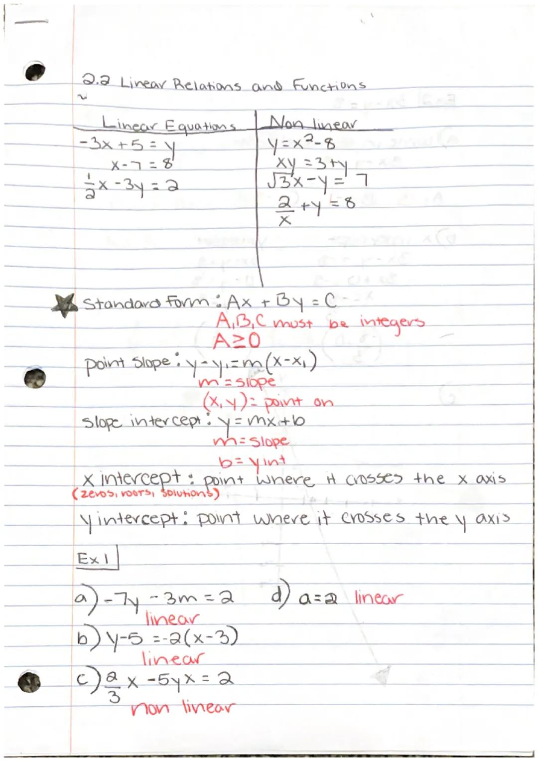2.2 Linear Relations and Functions.
Linear Equations
-3x+5=Y
X-7=8
==x-3y=2
Non linear
y=x²-8
xy =3 ty
√3x-y="
2+y=8
Standard form: Ax + By 
