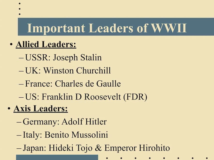 Intro to WORLD WAR II
EQ: What are the important names &
key countries involved in the biggest
war in human history? ●
Two Parts of WWII: Ge