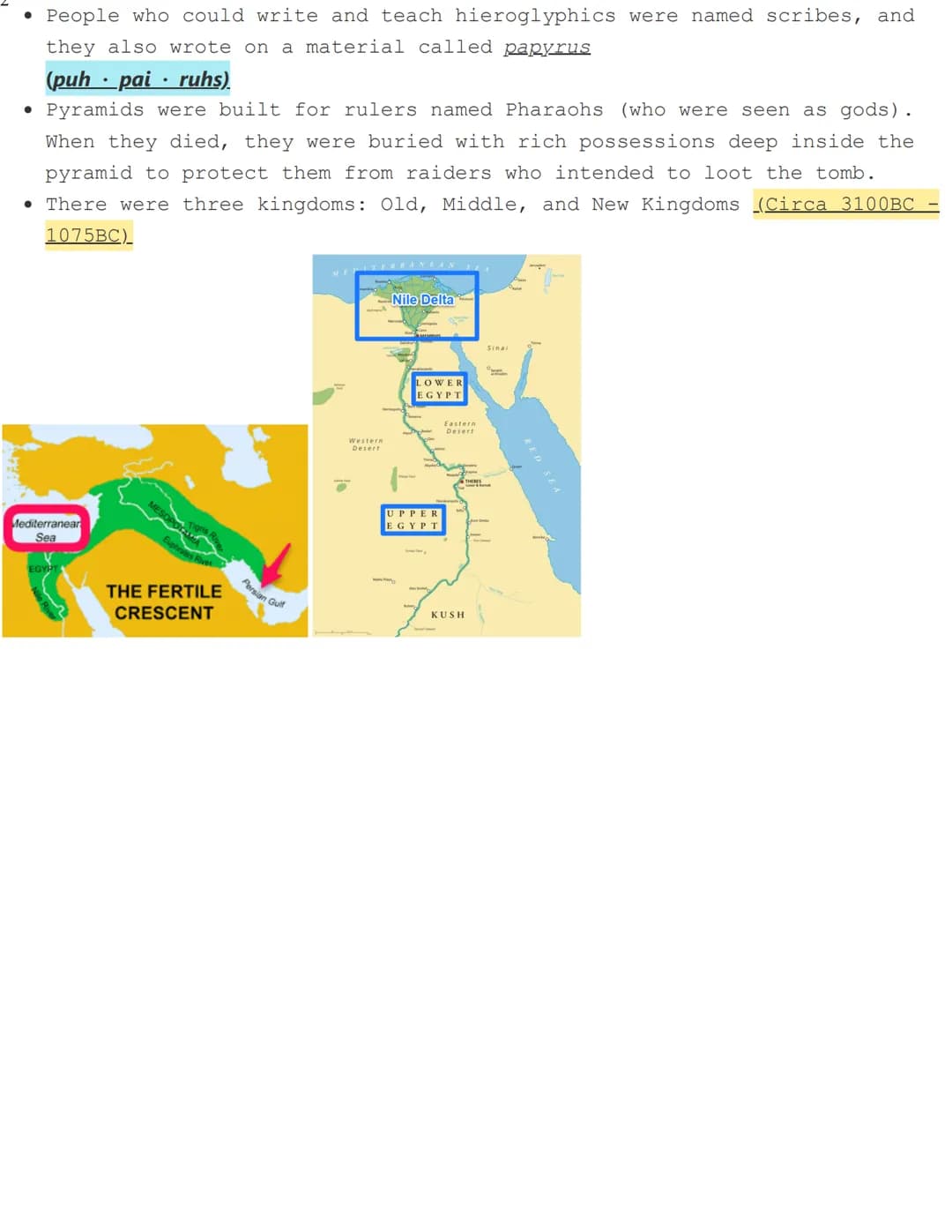 Mesopotamia & Egypt Study guide
Mesopotamia:
• Mesopotamia means the land between two rivers - the Euphrates & Tigris
rivers. The water seep