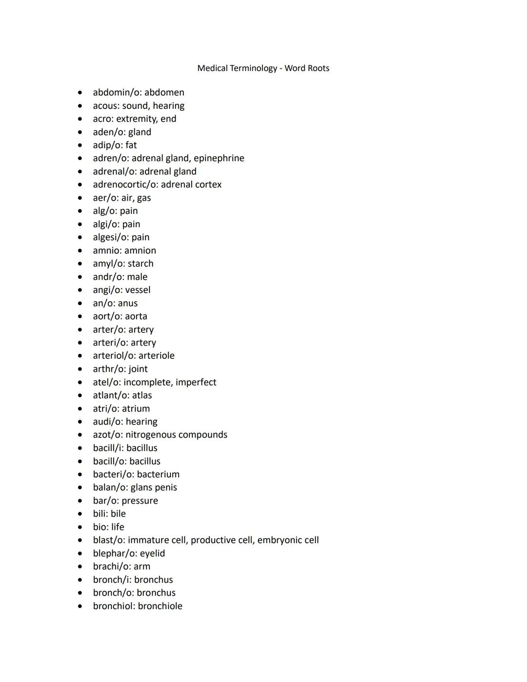 Medical Terminology Word Roots