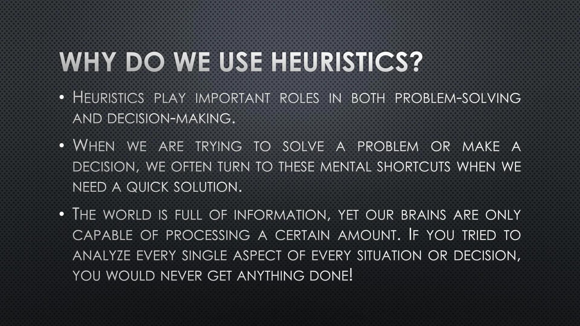 HEURISTICS
ㅠ
O
E
gemo
수
L2
다
문 INTRODUCTION
A HEURISTIC IS A MENTAL SHORTCUT THAT ALLOWS PEOPLE TO SOLVE
PROBLEMS AND MAKE JUDGMENTS QUICKLY