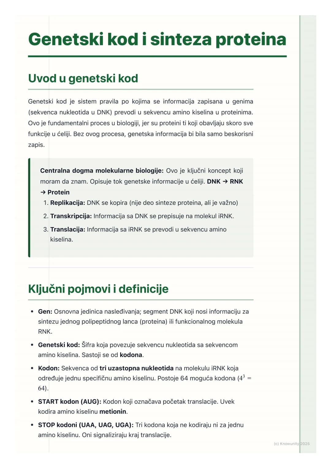 # Genetski kod i sinteza proteina

## Uvod u genetski kod

Genetski kod je sistem pravila po kojima se informacija zapisana u genima
(sekven