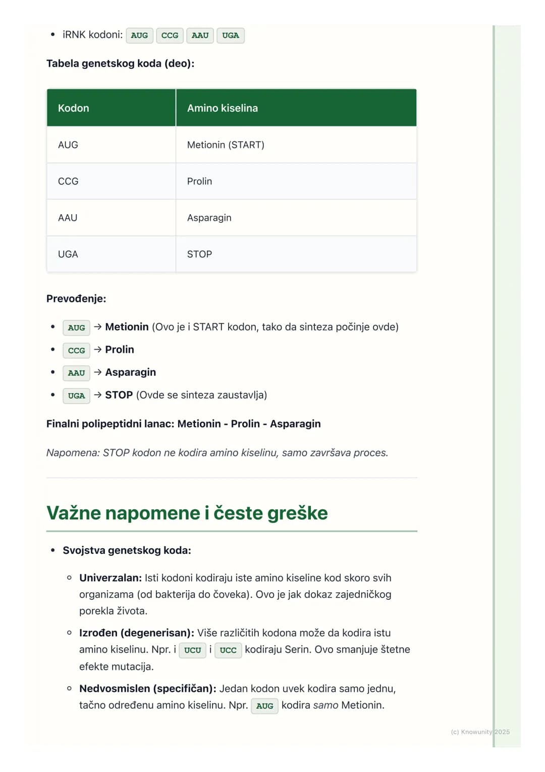 # Genetski kod i sinteza proteina

## Uvod u genetski kod

Genetski kod je sistem pravila po kojima se informacija zapisana u genima
(sekven