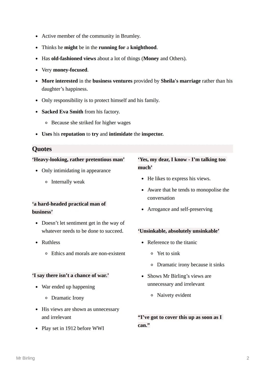 Mr Birling
Created @March 11, 2023 1:30 PM
Tags
Character Profile Inspector Calls
Arthur Birling
Mr Birling
Summary
Mr Birling is a successf