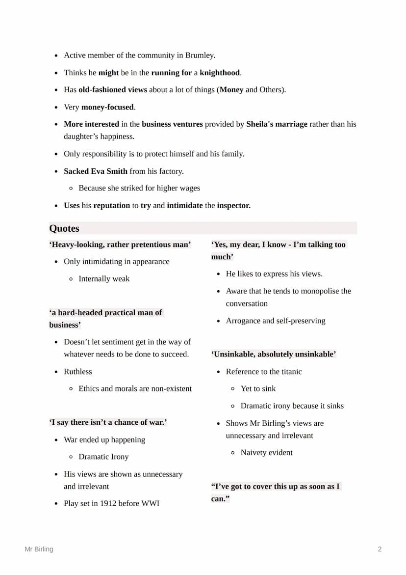 Mr Birling
Created @March 11, 2023 1:30 PM
Tags
Character Profile Inspector Calls
Arthur Birling
Mr Birling
Summary
Mr Birling is a successf
