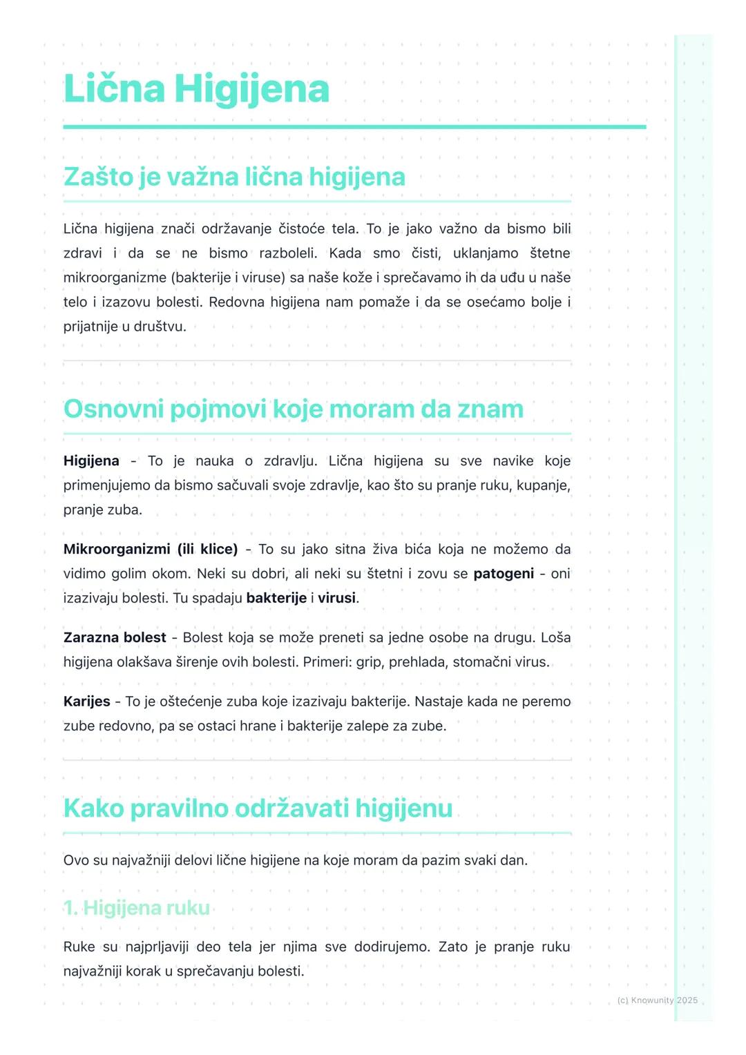 # Lična Higijena

## Zašto je važna lična higijena

Lična higijena znači održavanje čistoće tela. To je jako važno da bismo bili
zdravi i da