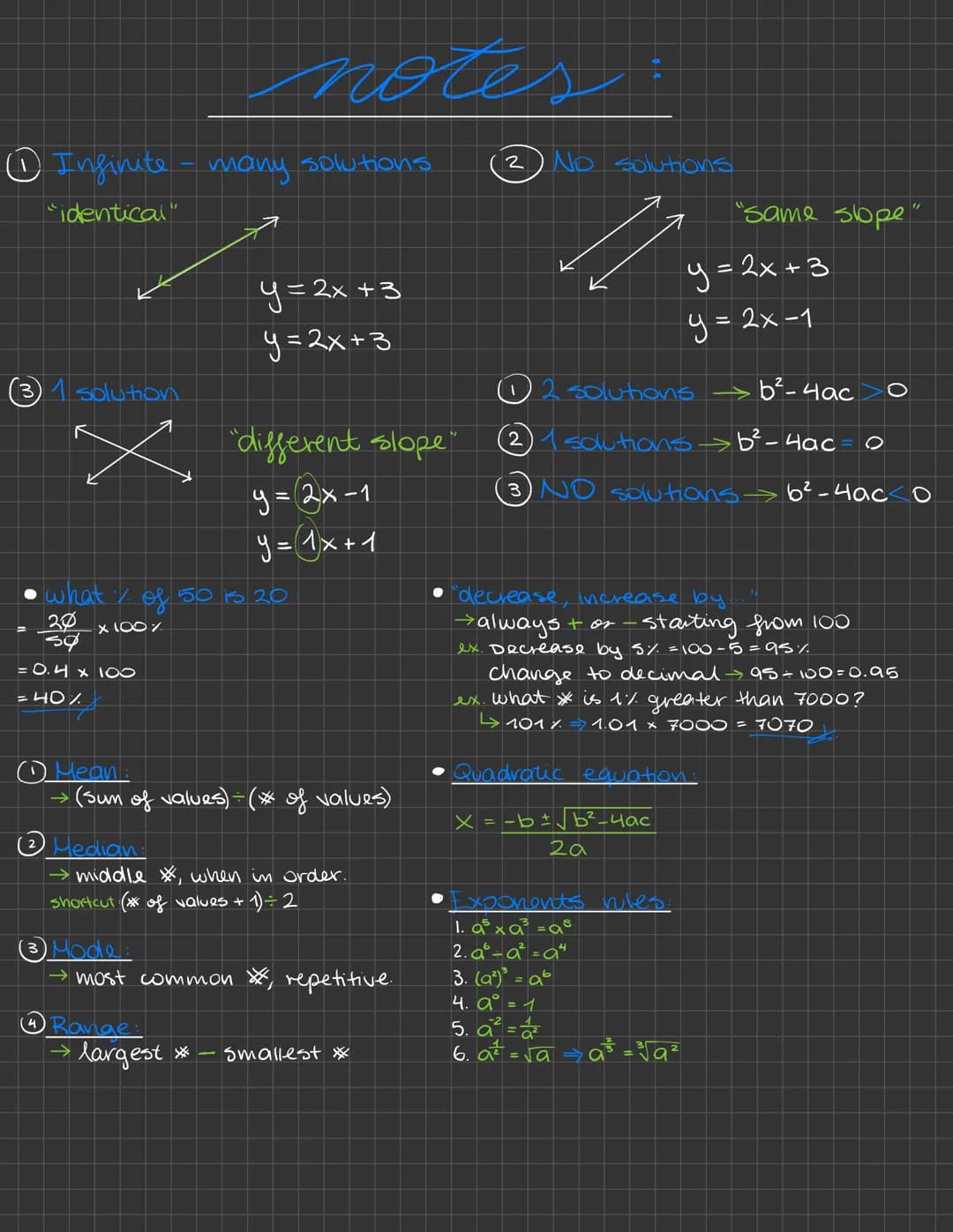 Infinite- many solutions
"identical"
3) 1 solution
x
•what / of 50
20 x 100%
sq
= 0.4 x 100
= 40%
notes:
(3 Mode:
y = 2x + 3
y=2x+3
"differe