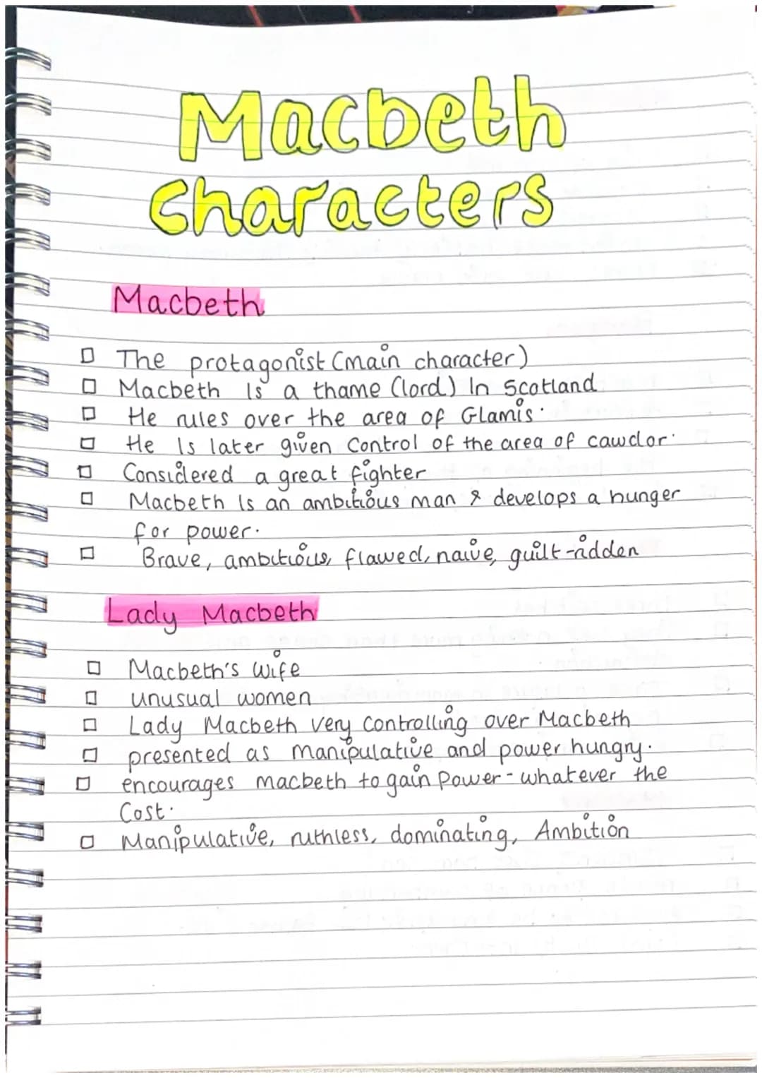 
<h2 id="macbeth">Macbeth</h2>
<p>Macbeth is the protagonist of the play. He is a Thane (lord) in Scotland, ruling over the area of Glamis a