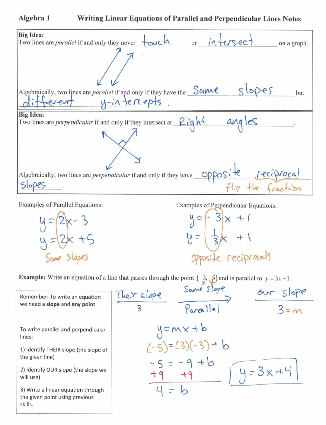 Linear Equations: Notes on Parallel and Perpendicular Lines
