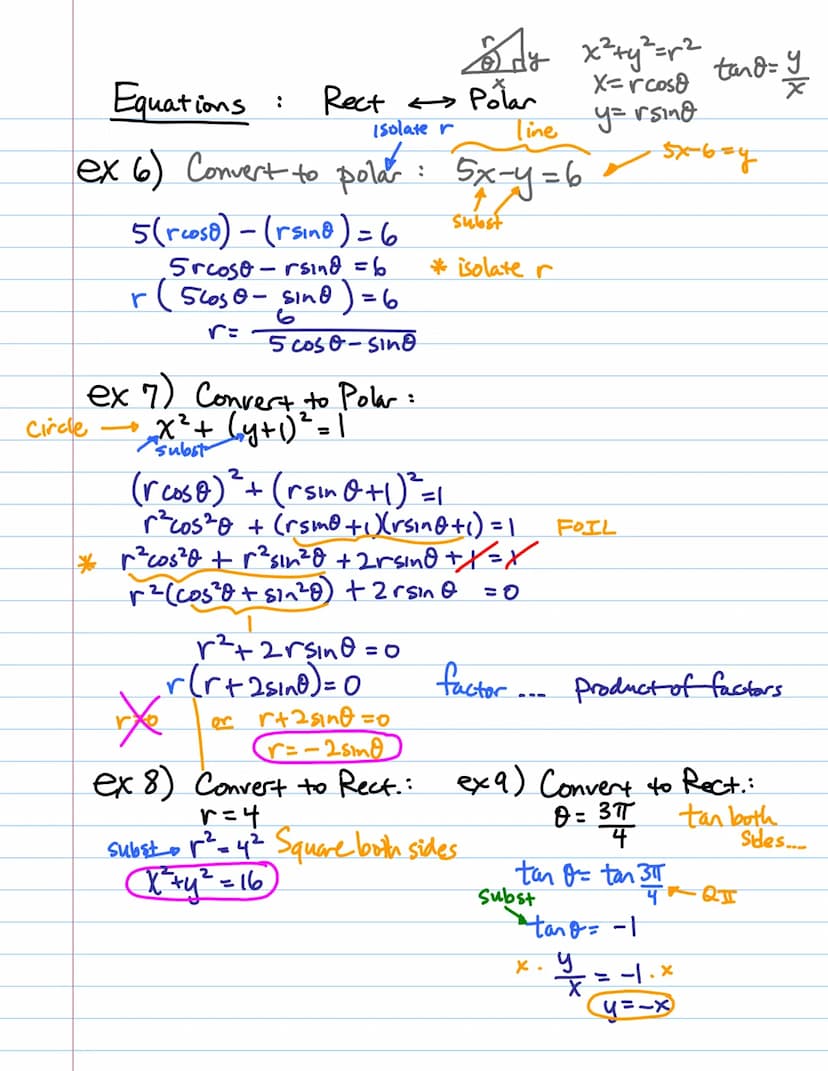 12/₁1
TUE 6.3 (part 2) Polar Coordinates.
Rectangular
(x, y)
x=rcos8
or
r 0
ex 1) Convert to rect. coords.: (3, πT)
SOHCAH TOA
X
Polar x² + 