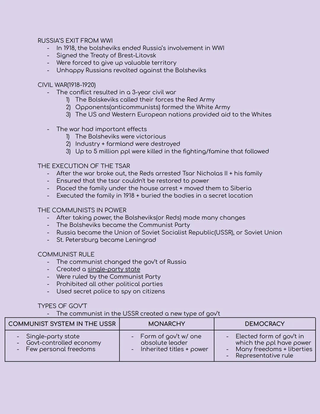 UNIT 3: THE INTERWAR YEARS AND WORLD WAR II
LIFE IN RUSSIA
Autocratic monarchy
Agricultural economy
-
THE REVOLUTION IN RUSSIA:
Low standard