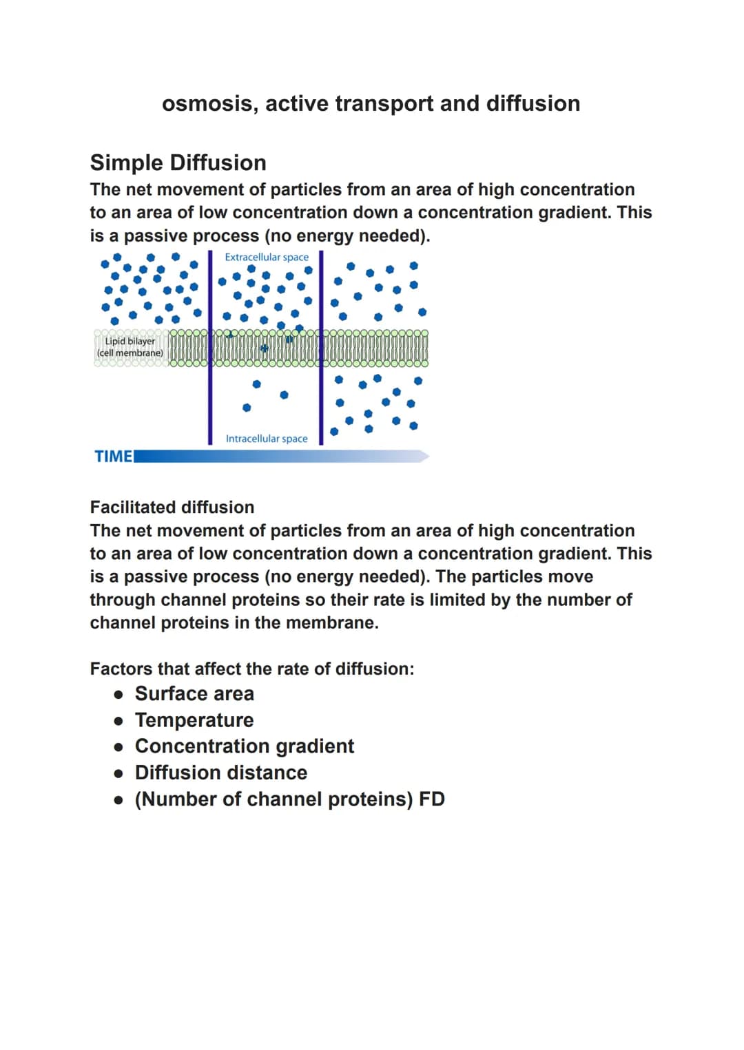 osmosis, active transport and diffusion
Simple Diffusion
The net movement of particles from an area of high concentration
to an area of low 