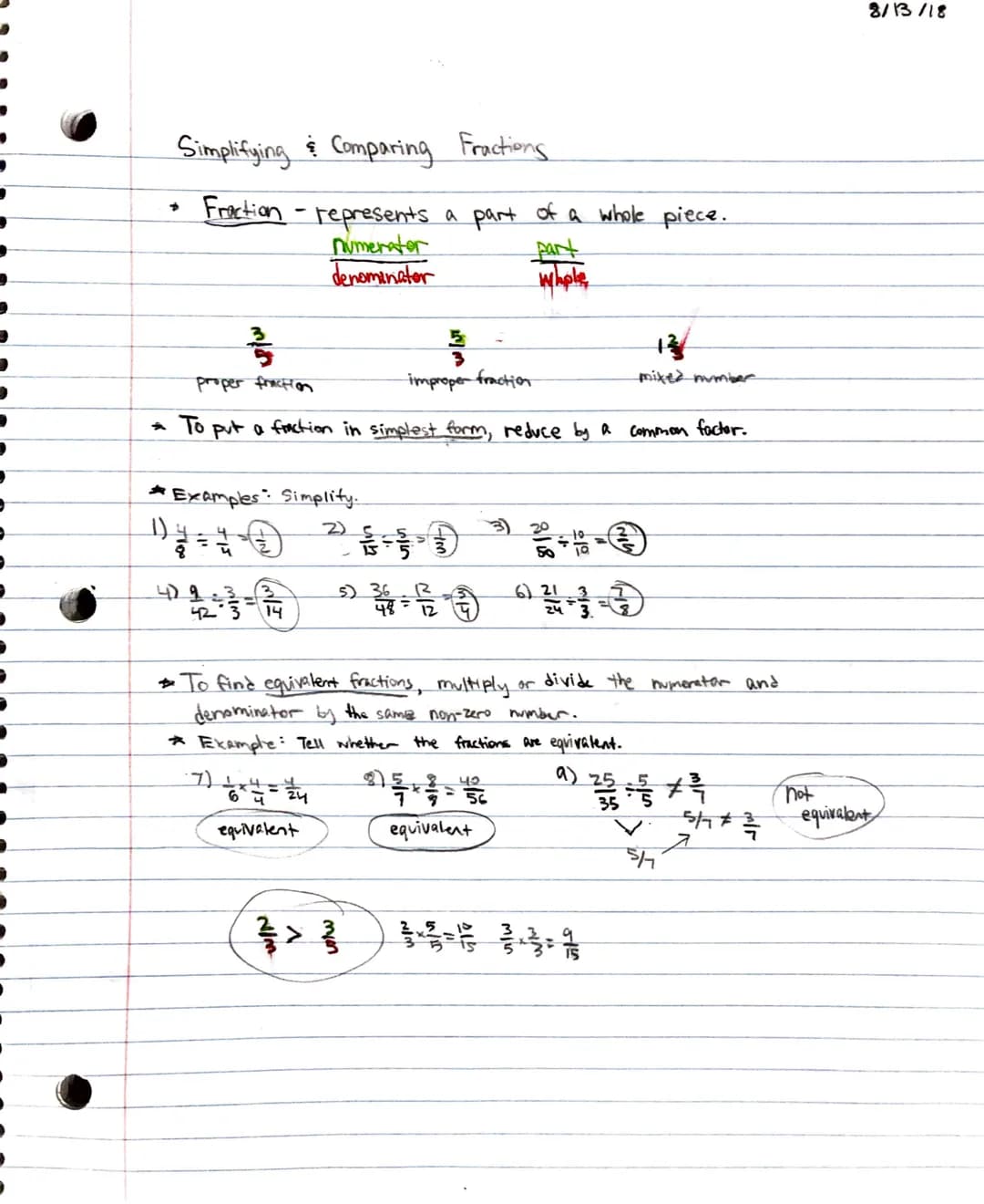➜
Simplifying & Comparing Fractions.
Fraction represents a part of a whole piece.
numerator
denominator
Ź
3/353
proper fraction
Examples: Si