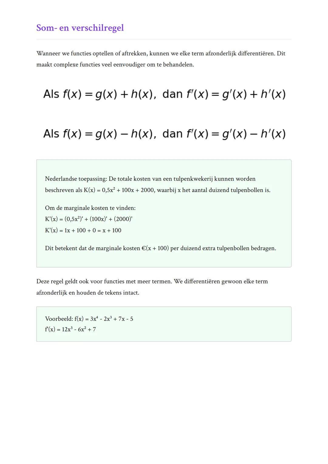 Differentiëren en Toepassingen:
Basisregels van differentiëren
Leer de fundamentele regels voor het differentiëren van functies
Wiskunde B •