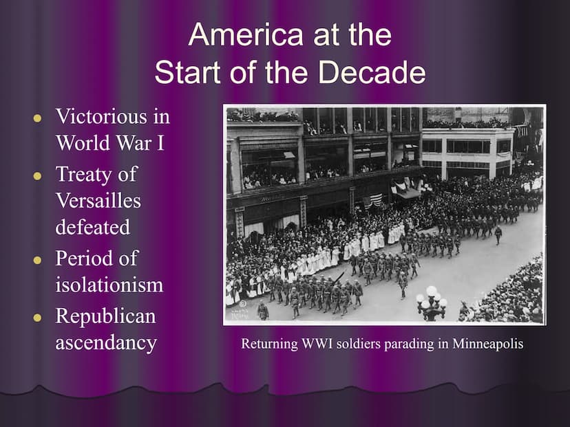 THE
ROARING
TWENTIES
LIFE & CULTURE
IN AMERICA IN
THE 1920S • Victorious in
World War I
Treaty of
Versailles
defeated
• Period of
America at
