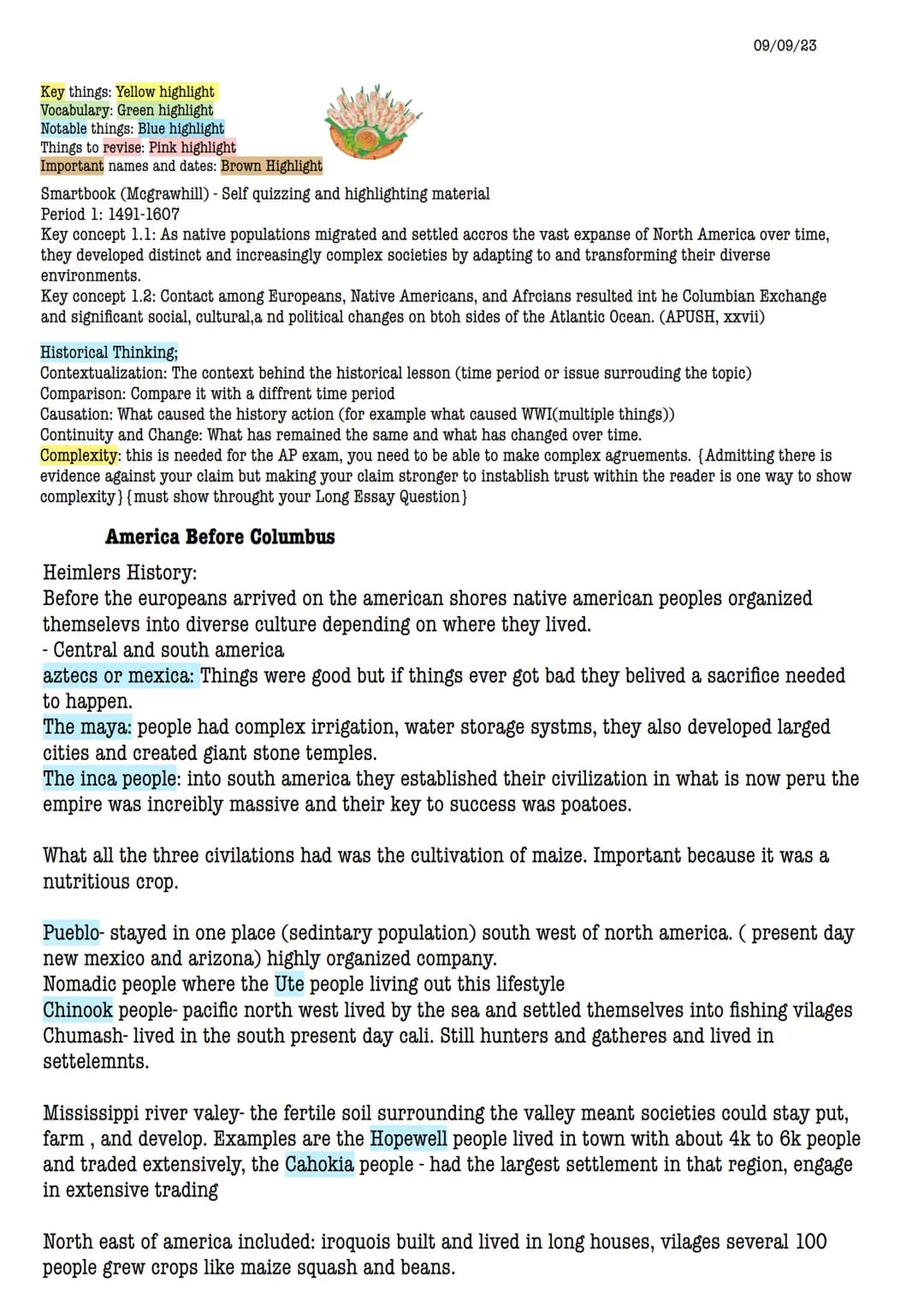 Key things: Yellow highlight
Vocabulary: Green highlight
Notable things: Blue highlight
Things to revise: Pink highlight
Important names and
