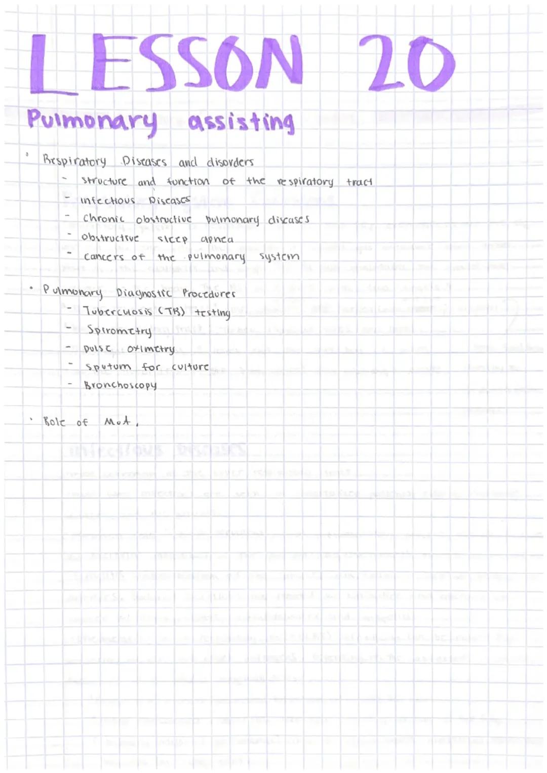 LESSON 20
Pulmonary assisting
Respiratory Diseases and disorders
Structure and function. of the respiratory. tract
infectious Piscases
chron
