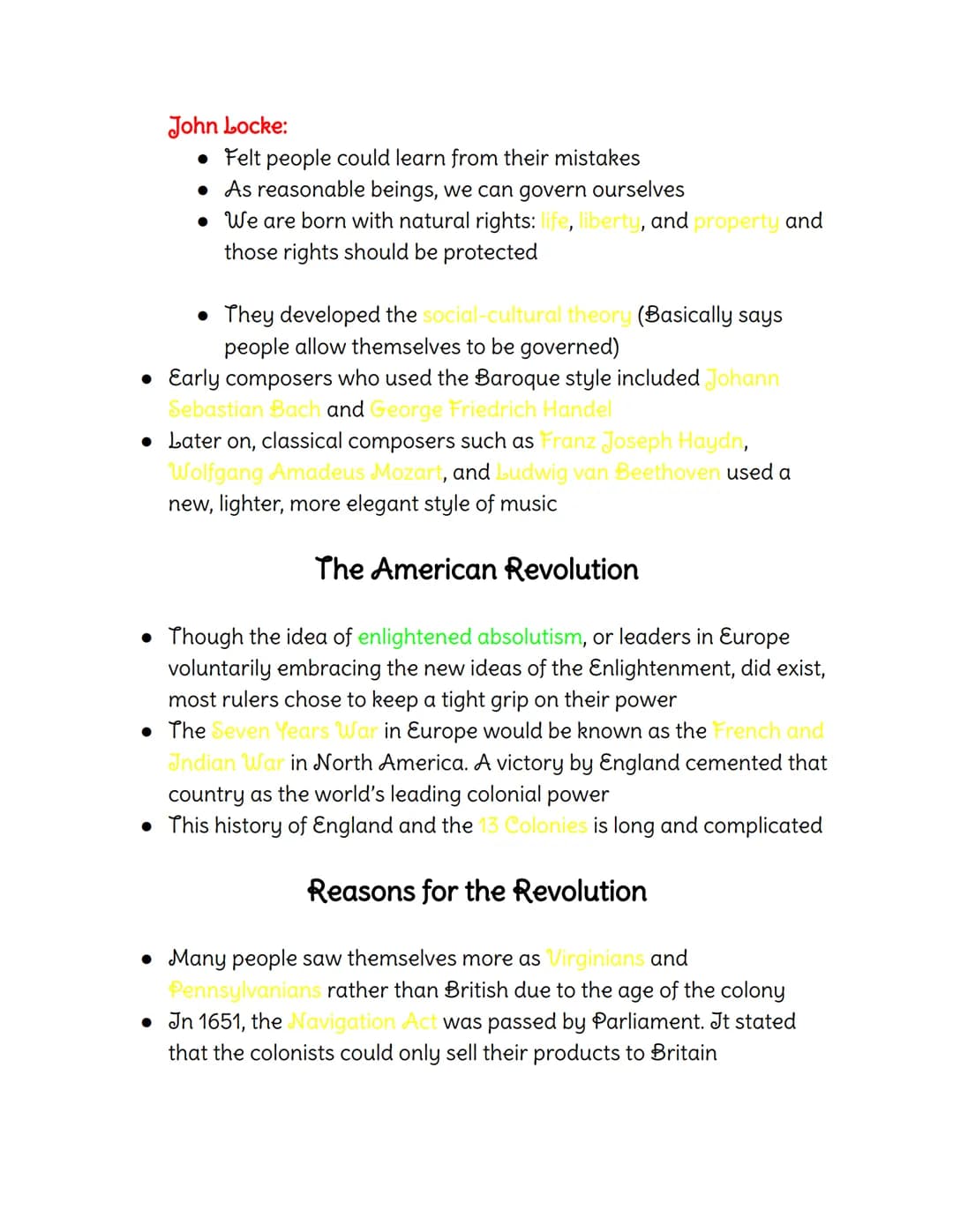 Colors:
History Notes
Green-Vocabulary
Yellow- Fill-in, Multiple Choice, and True and False ( and F) Answers
Red-Essay Material
Ch. 8: Enlig