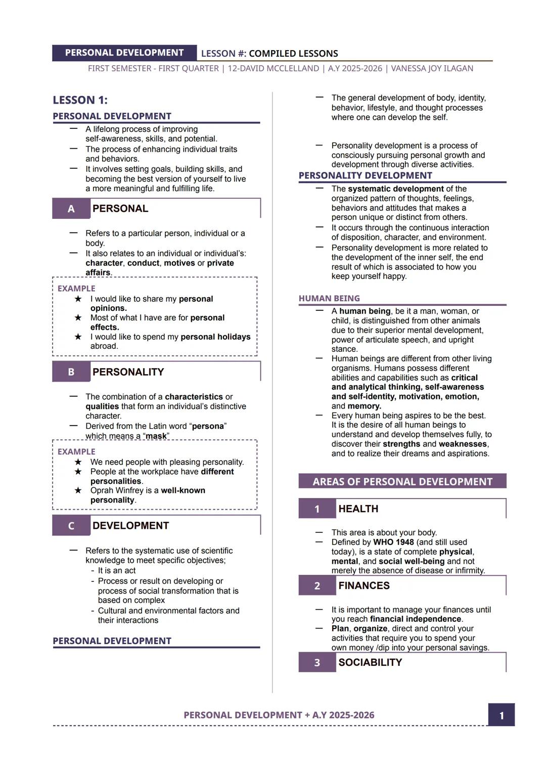 PERSONAL DEVELOPMENT
LESSON #: COMPILED LESSONS
FIRST SEMESTER - FIRST QUARTER | 12-DAVID MCCLELLAND | A.Y 2025-2026 | VANESSA JOY ILAGAN
LE