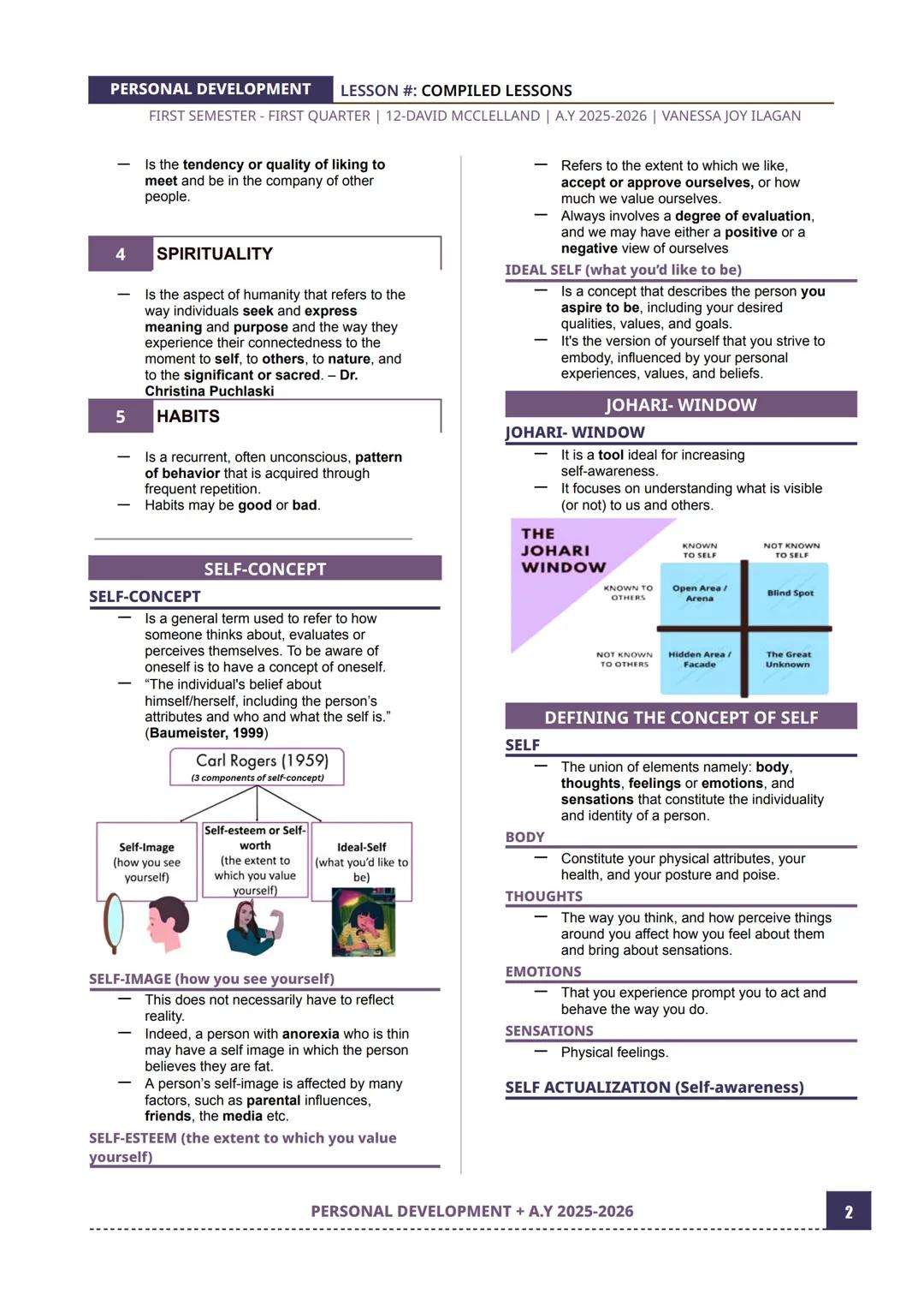 PERSONAL DEVELOPMENT
LESSON #: COMPILED LESSONS
FIRST SEMESTER - FIRST QUARTER | 12-DAVID MCCLELLAND | A.Y 2025-2026 | VANESSA JOY ILAGAN
LE