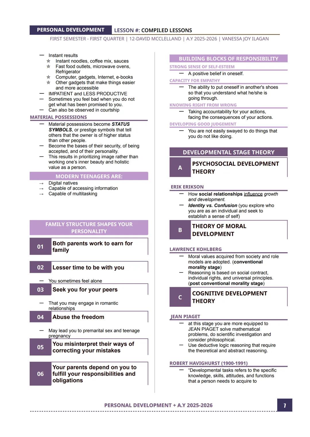 PERSONAL DEVELOPMENT
LESSON #: COMPILED LESSONS
FIRST SEMESTER - FIRST QUARTER | 12-DAVID MCCLELLAND | A.Y 2025-2026 | VANESSA JOY ILAGAN
LE