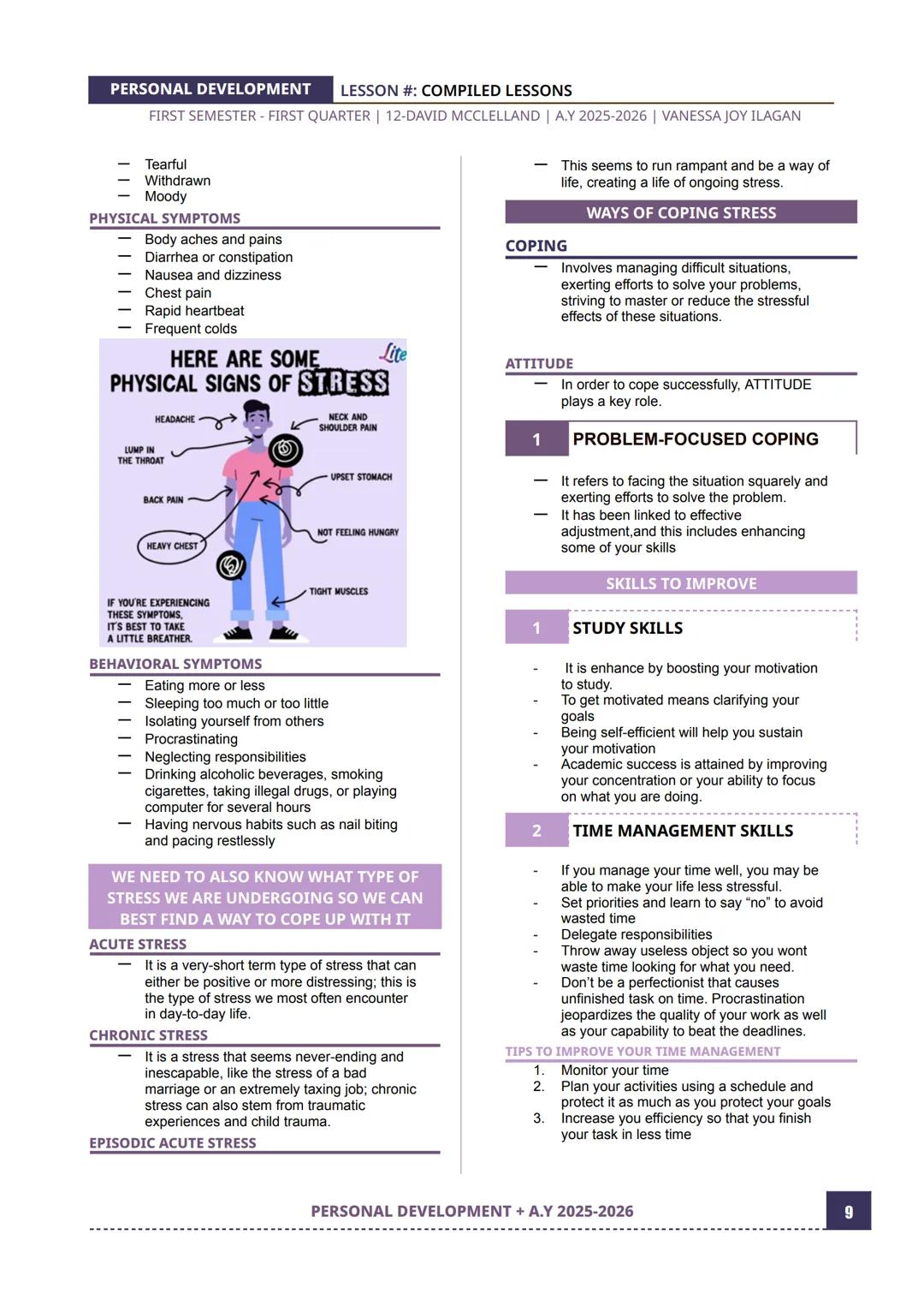 PERSONAL DEVELOPMENT
LESSON #: COMPILED LESSONS
FIRST SEMESTER - FIRST QUARTER | 12-DAVID MCCLELLAND | A.Y 2025-2026 | VANESSA JOY ILAGAN
LE
