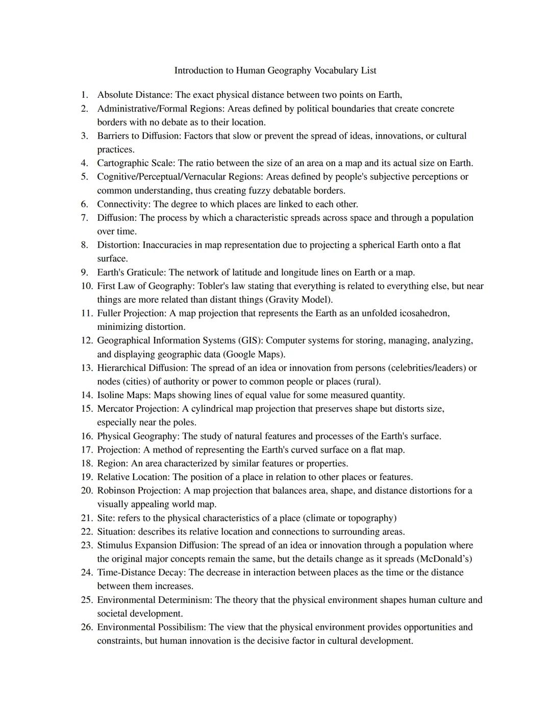 Comprehensive AP Human Geography Vocabulary List