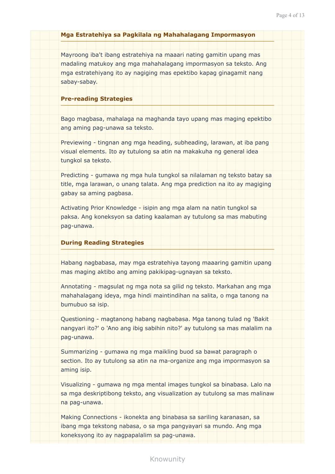 --- OCR Start ---
Pag-unawa at Pagsusuri ng Iba't Ibang Teksto
Pagkilala ng mahahalagang impormasyon at detalye
sa iba't ibang uri ng teksto