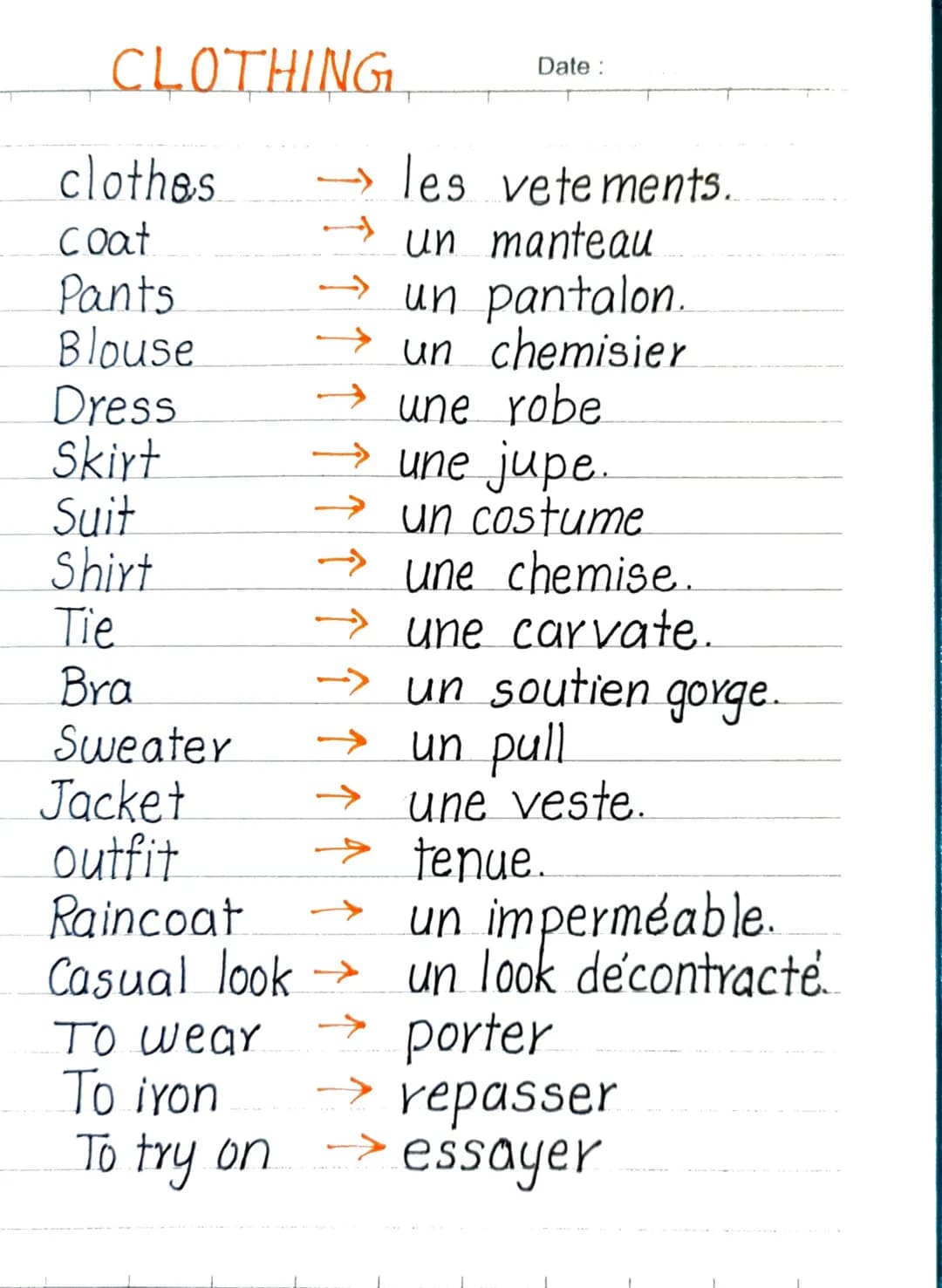 CLOTHING
clothes
coat
Pants
Blouse
Dress
Skirt
Suit
Shirt
Tie
Bra
Sweater
Jacket
outfit
→les vetements.
un manteau
un pantalon.
un chemisier