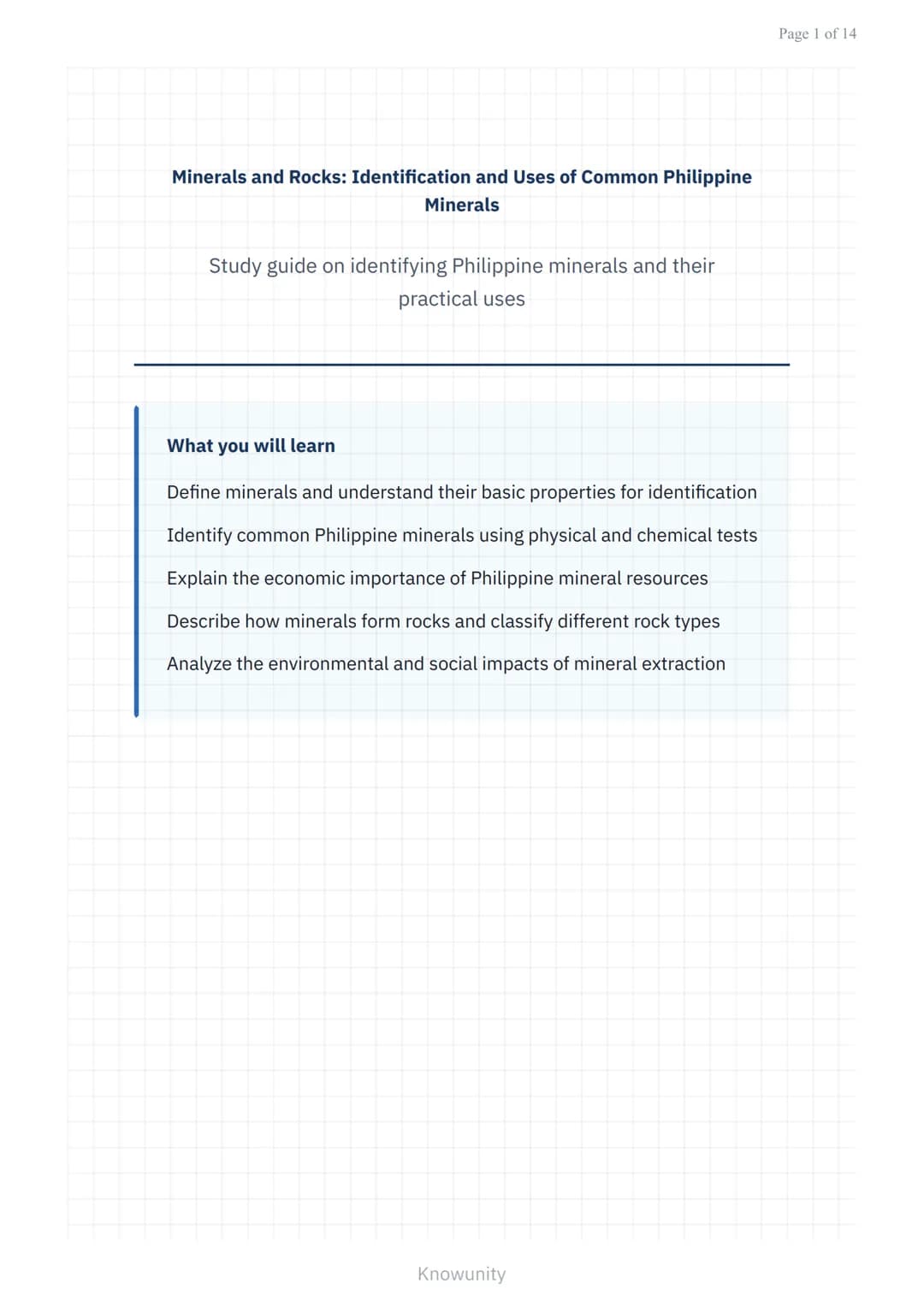 Minerals and Rocks: Identification and Uses of Common Philippine
Minerals
Study guide on identifying Philippine minerals and their
practical