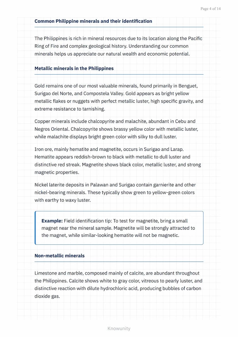 Minerals and Rocks: Identification and Uses of Common Philippine
Minerals
Study guide on identifying Philippine minerals and their
practical